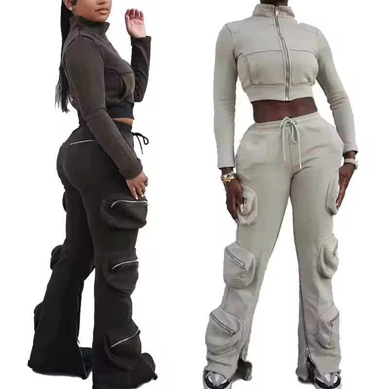 Distressed crop top jacket and pants set