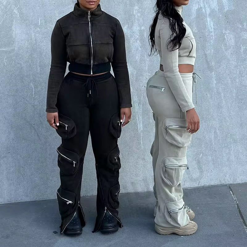 Distressed crop top jacket and pants set